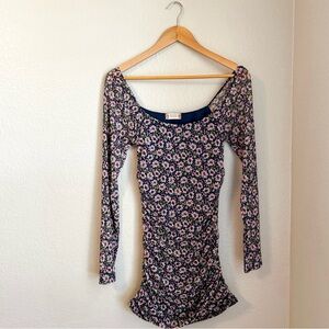 Altar’d State Floral Ruched Long Sheer Sleeves Bodycon Mini Dress, Size Medium